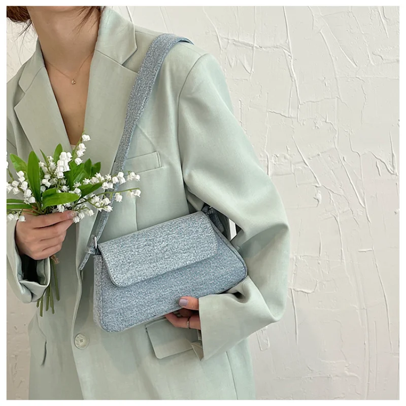 

Solid Color Denim Simple Casual Handbag Summer Fashion Trend Flip Shoulder Underarm Bag Retro Portable Commute Storage Satchel