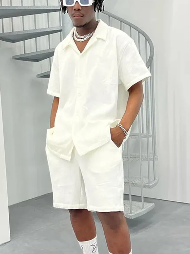 

Mens Loose Beach Holiday Party Two Piece Sets 2022 Lapel Shirts Tops+Solid Shorts Jogging Tracksuit Breathable Soft Shorts Suits