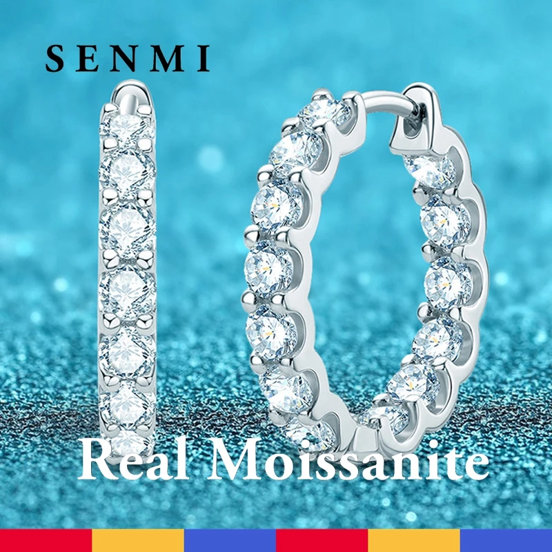 

SENMI Wholesale Total 2.6ct Real Moissanite Hoop Earrings Sparkling for Women 3mm 925 Sterling Silver Party Wedding Jewelry Gift