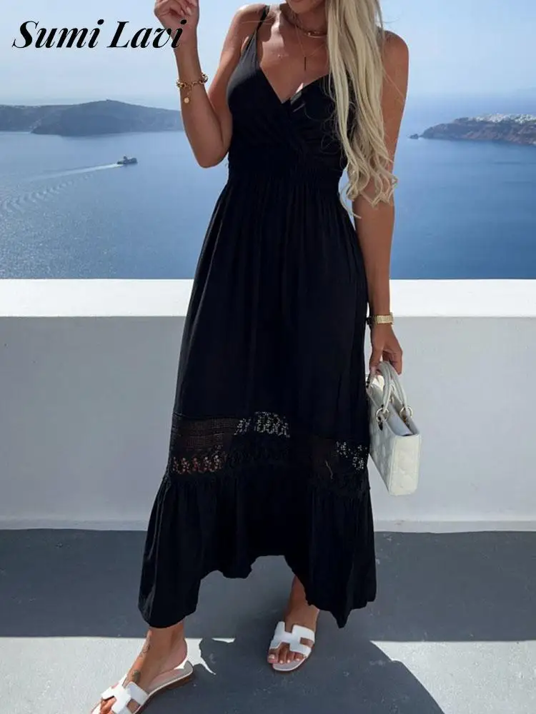 

Женское ажурное платье на бретельках, элегантное однотонное длинное платье с V-образным вырезом, без рукавов, с открытыми плечами и широким ...