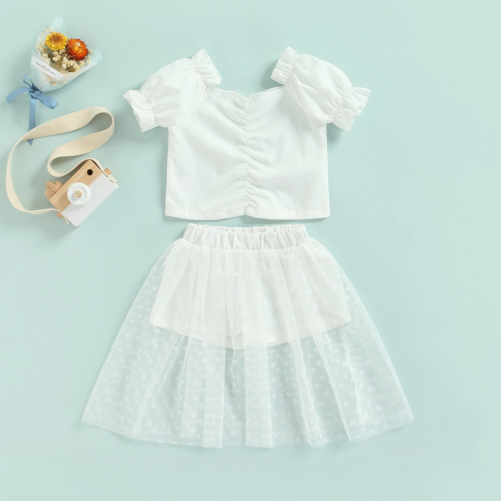 

0-18 Months Baby's Sets Baby Short Sleeve Tops + Skirt, Mesh Stitching Sweet Style Elastic Waist Summer Clothing