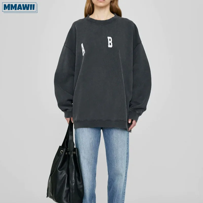 

MMAWII Spring And Autumn New French Niche AB Classic Letter Printed Women Washed Black Cotton 2023 Round Neck Long Sleeve