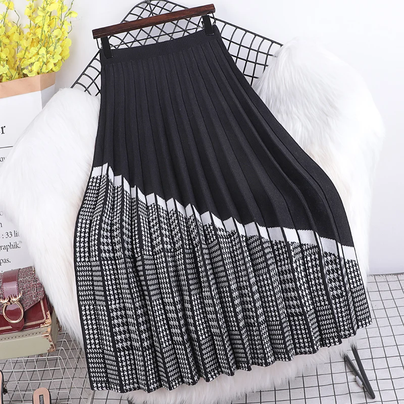 

Autumn Winter Women's Knitted Skirt Fashion Korean Style High Waist Swing Midi Skirt Vintage Houndstooth Umbrella Pleated Skirt