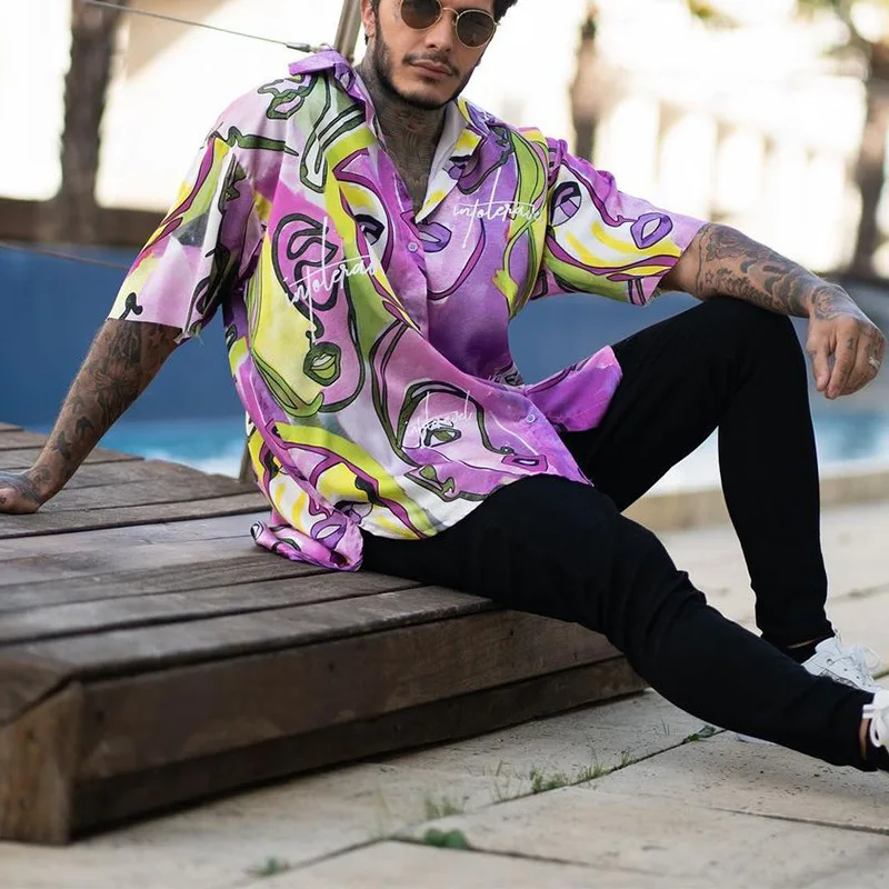 Summer Shirt Men's Casual Printed Loose Cardigan V-neck Shirt Men's Fashion Long Sleeve Single-Breasted Turn-down Collar Shirt