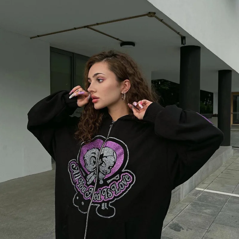 

2023 New Cute Bear Cap Glitter Printed Cardigan European And American Street Y2K Lazy Wind Hooded Loose Casual Hoodie Coat Women