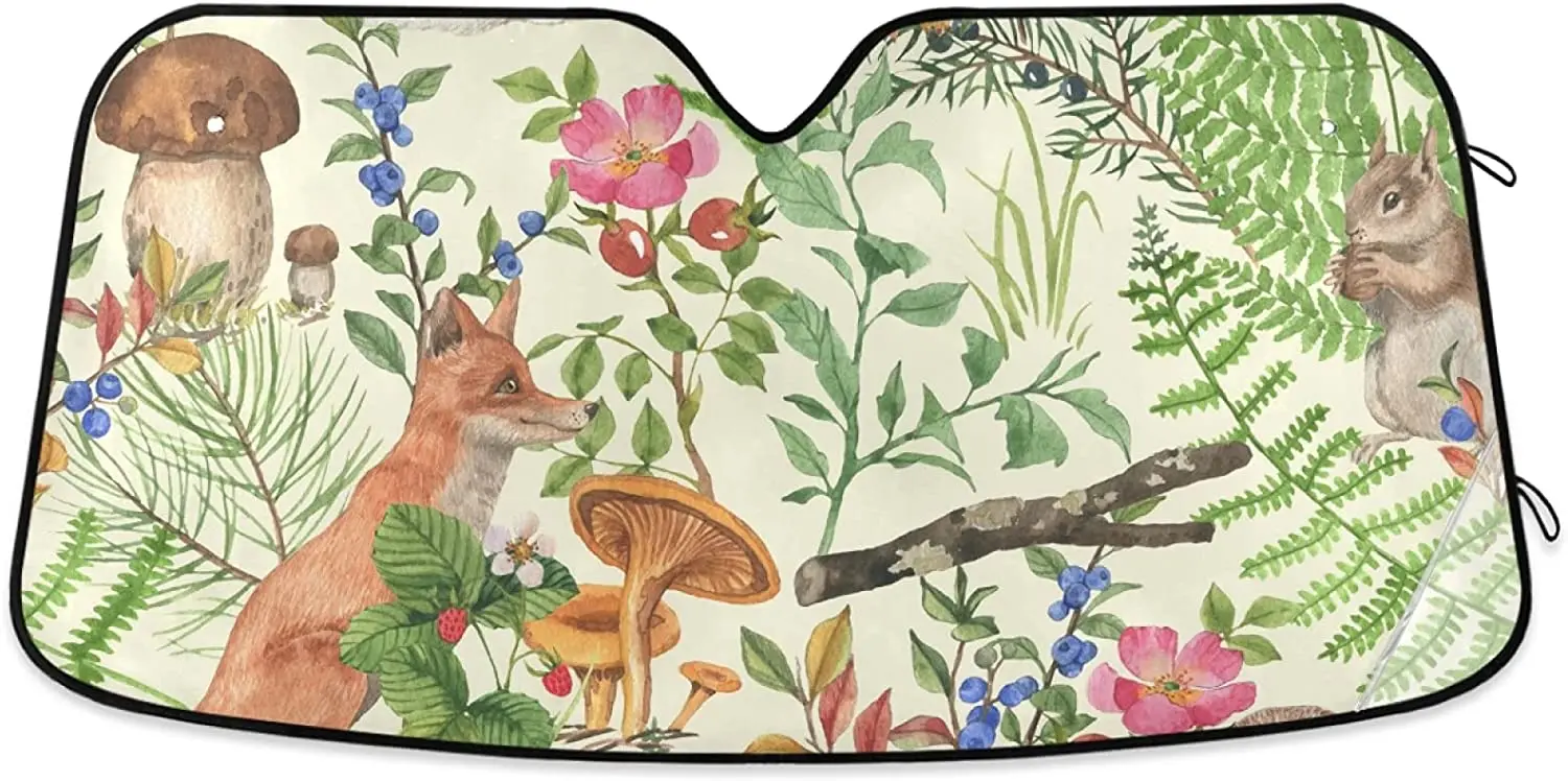 

Oarencol Forest Animals Flower Car Windshield Sun Shade Box Squirrels Mushroom Foldable UV Ray Sun Visor Protector Sunshade to K