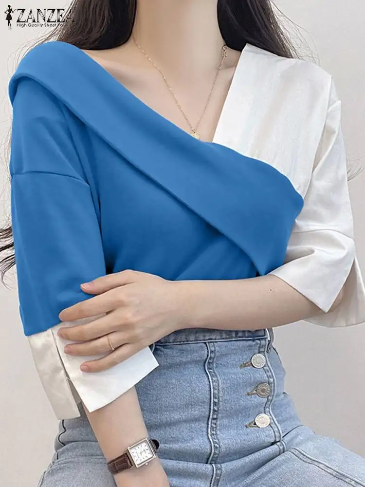 

Модные Цветные блузки ZANZEA, женские повседневные шикарные рубашки в стиле пэчворк с треугольным вырезом, Летняя туника в Корейском стиле с к...