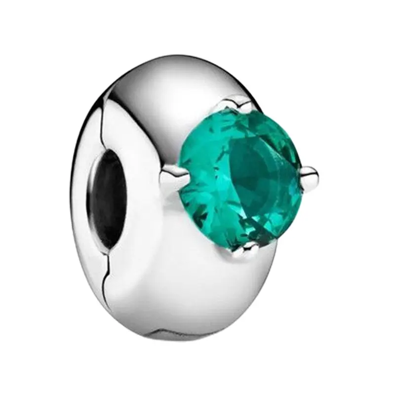 

Prong Setting Round Green Solitaire Crystals LOGO Clips Charms Beads For Women 925 Sterling Silver Jewelry Making DIY Bracelets
