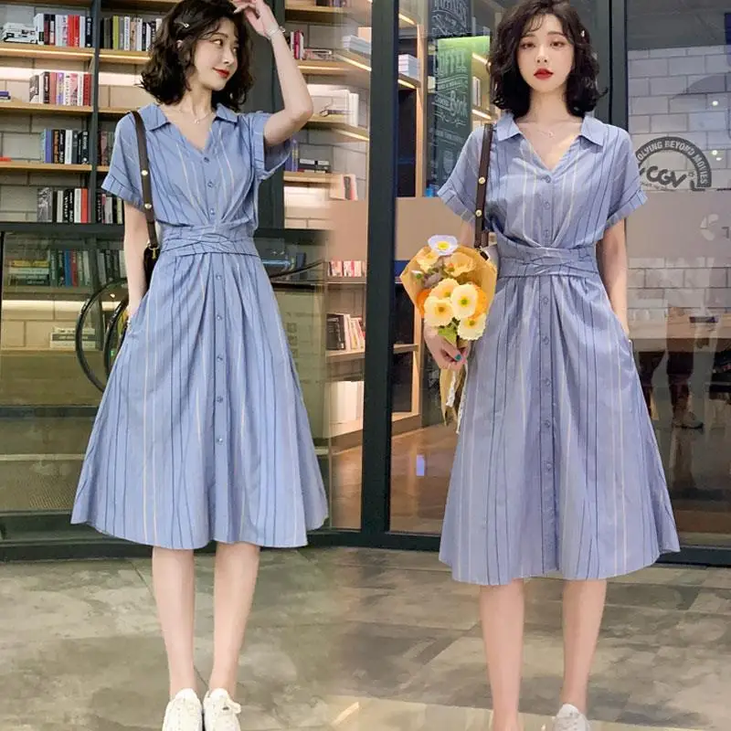 

Women Shirt Dress Summer Lapel Button Short Sleeve Dresses Elegant Striped Shirt Dress Work Office Vestidos Female Tunic Robe