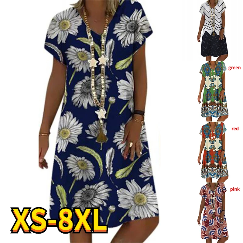 

2022 Summer Women's Abstract 3D Printed Dress V Neck Causal Elegant Dress Knee Length Fashional Painting Dress New 8XL