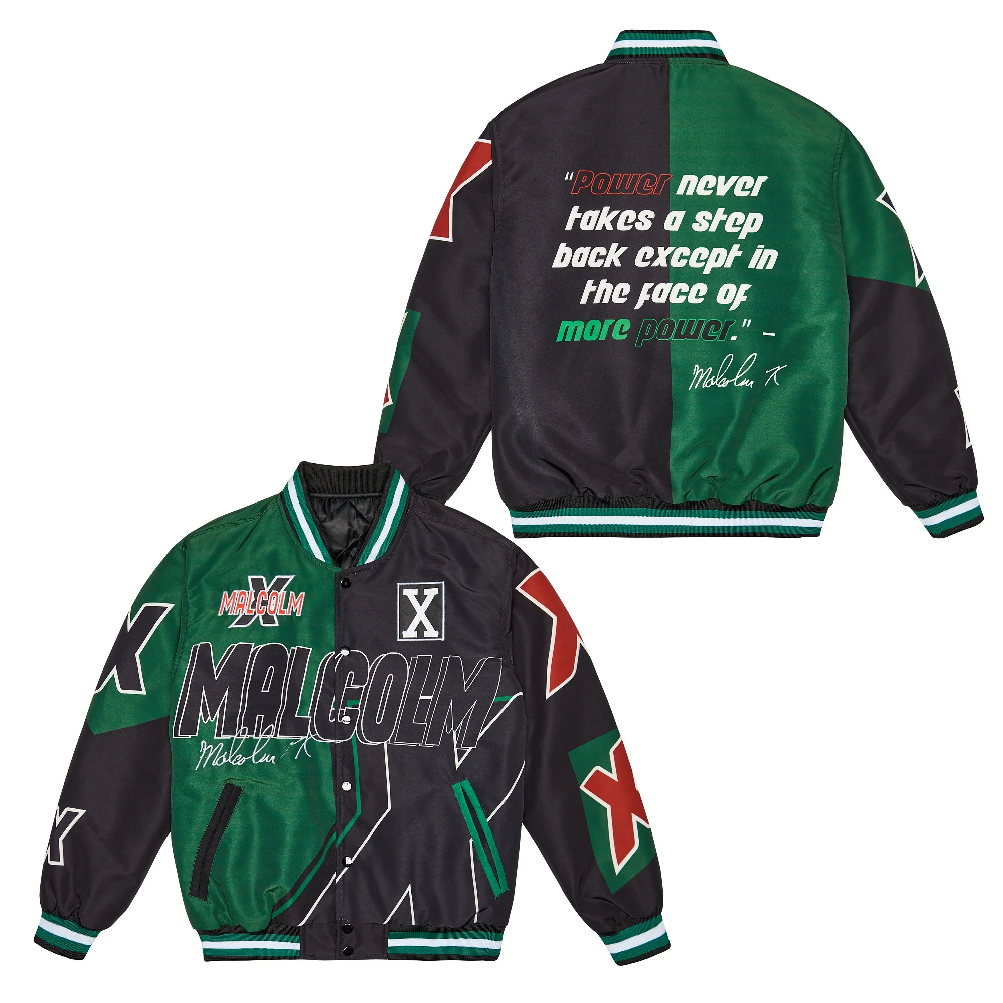 

BG Men American Football Jacket Sewing Embroidery Outdoor Sports MALCOLM X POWER biker Winter warmth cotton SATIN Black 2022 New