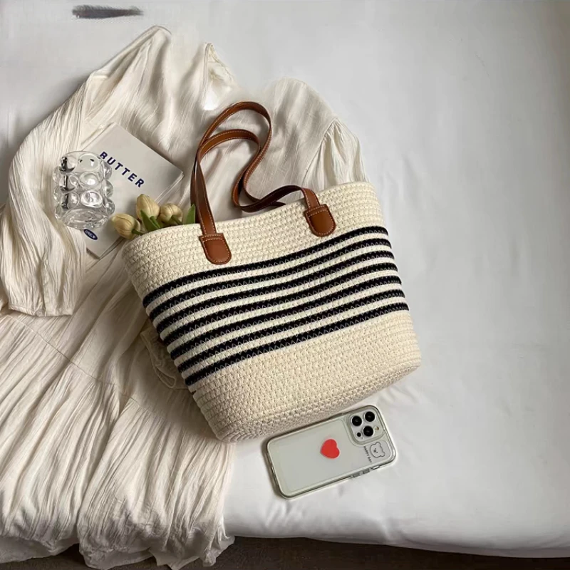 Женская Соломенная Сумка-тоут вместительный саквояж на плечо плетеная сумочка