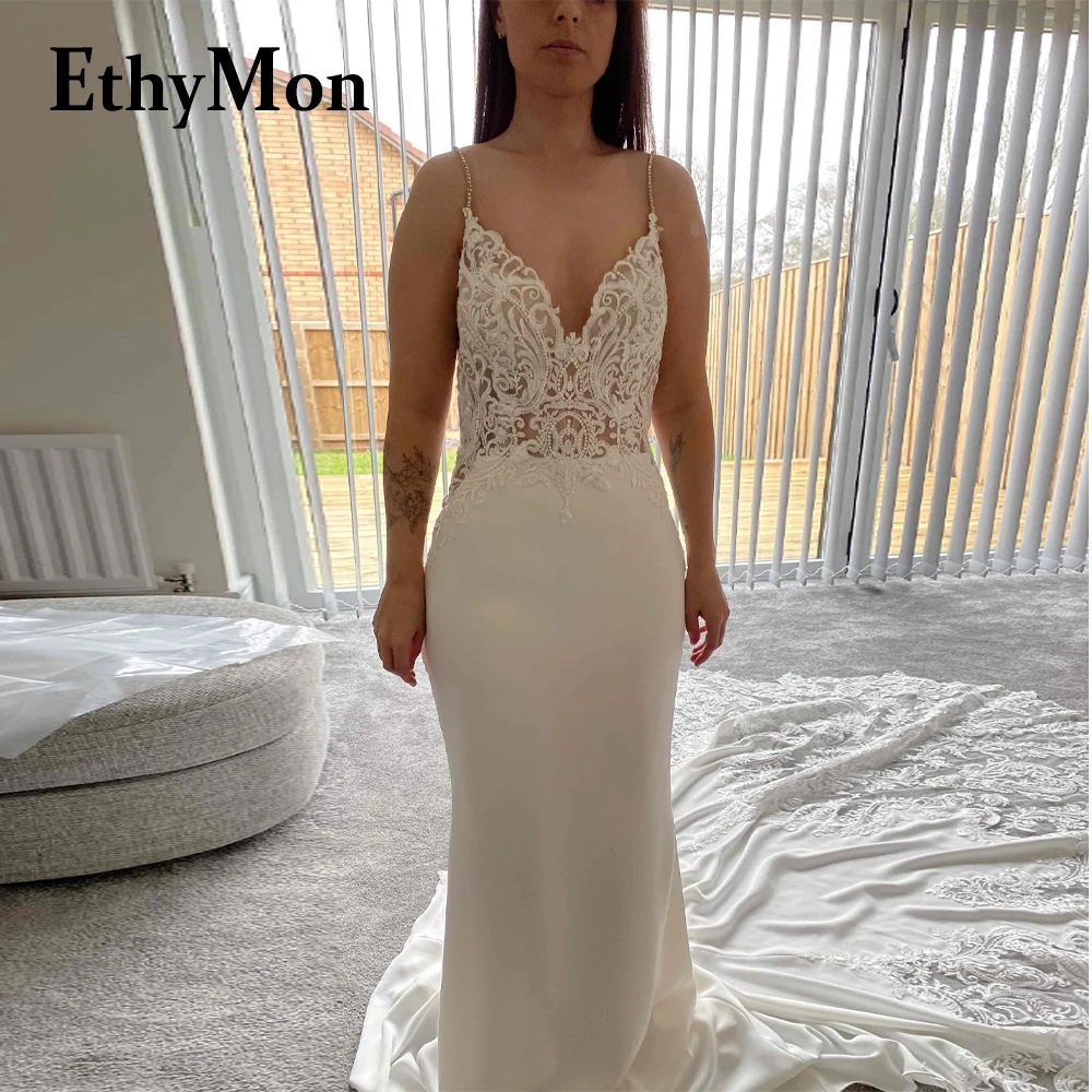 

Ethymon Backless Charming V-Neck Wedding Gown For Bride Floral Print Made To Order Vestido De Casamento Spaghetti Straps V-Neck