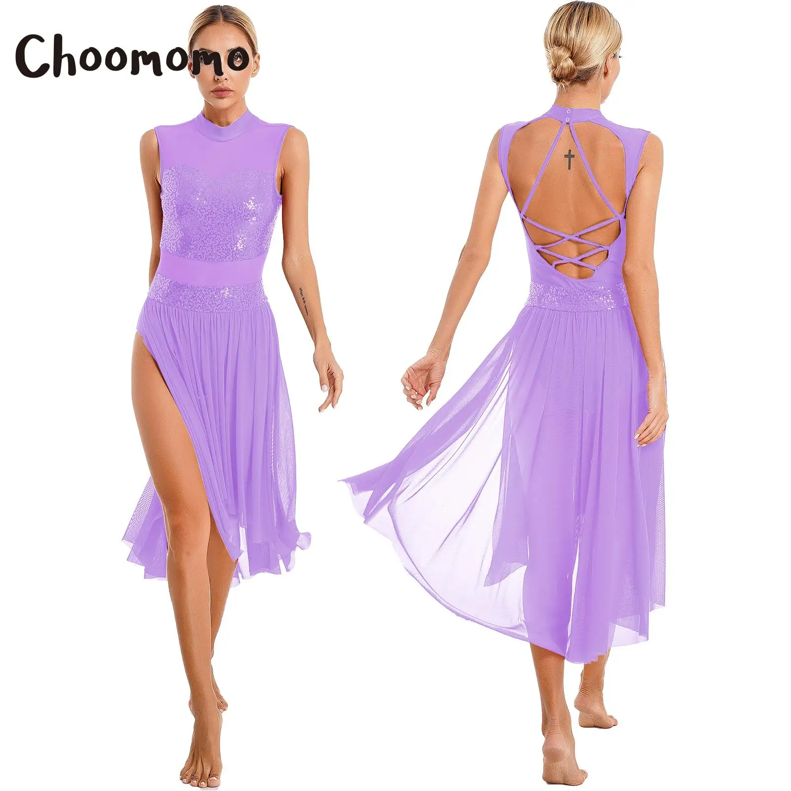 

Choomomo Womens Sparkly Sequins Dance Dress Crisscross Backless Strappy Sleeveless Leotard Dress Sheer Mesh Patchwork for Stages