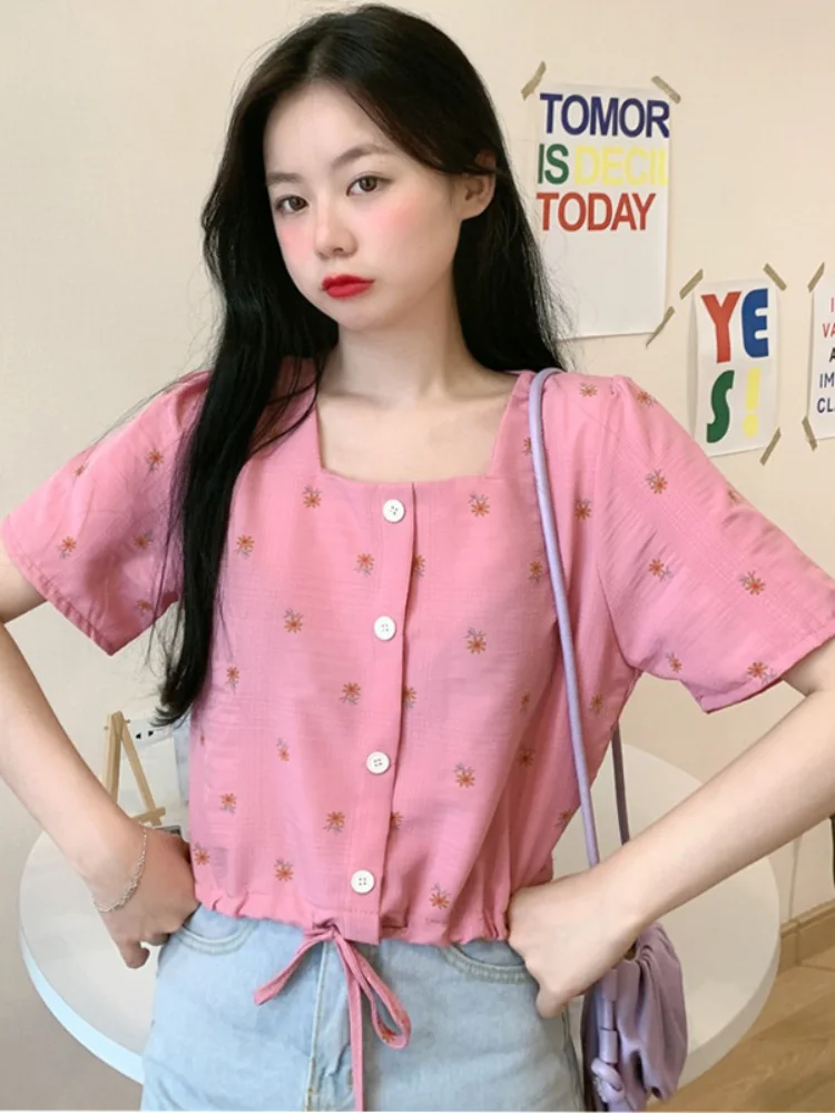 

Blouse Women Square Collar Cardigan Fashion Buttons Printing High Waist Short Sleeve Summer Slender Popularity Tenafeicc