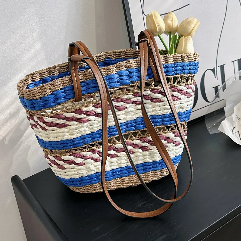 

Популярные цветные женские плетеные сумки на плечо, женская Соломенная Сумка-тоут, пляжные сумки в богемном стиле, дизайнерский брендовый кошелек и Повседневная ажурная сумка