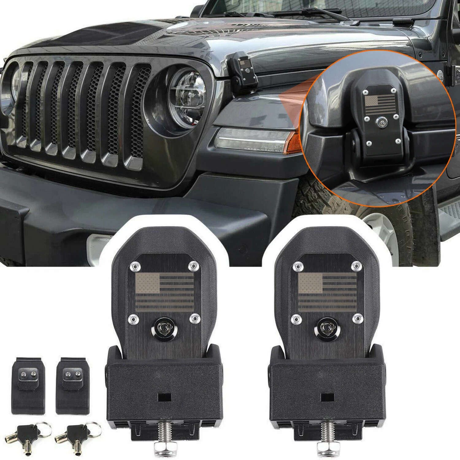 

U.S. Flag Anti-theft Hood Latches Catch For 2018 2019 2020 2021 2022 2023 Jeep Wrangler JL JLU 4XE Rubicon Sahara Gladiator JT