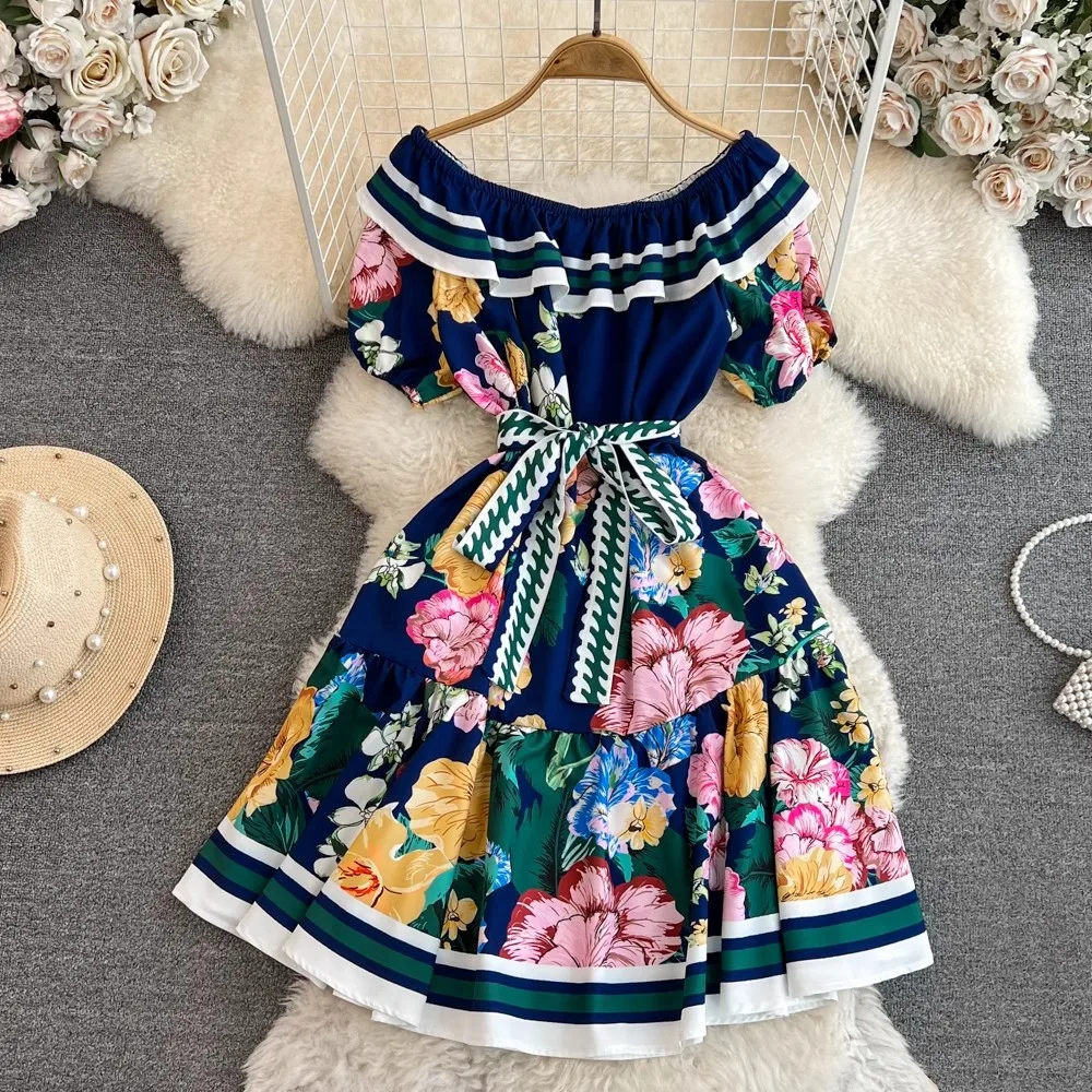 

Женское винтажное платье с принтом, повседневное элегантное платье с открытыми плечами и рукавами-фонариками в стиле бохо для отдыха, Новинка лета