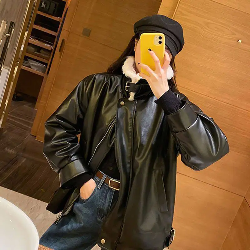 Loose Winter Fur Collar Keep Warm Faux Leather Coat Zipper Turn-down Collar Long Sleeve PU Leather Outwear Fur Overcoat 2023 New