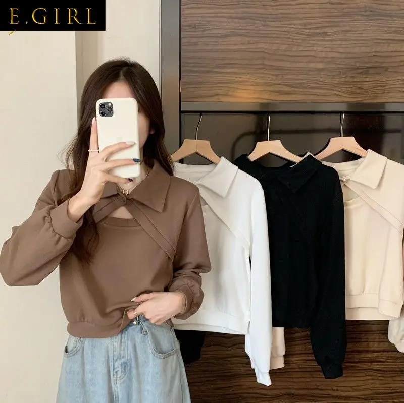 T-shirts Women Cropped Turn Down Collar Korean Style Spring All-match Students Loose Pure Color Soft Simple Chic 4 Colors Femme