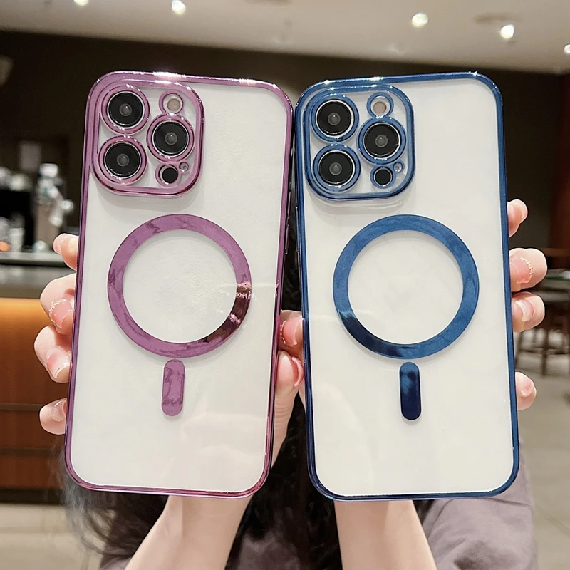 

Luxury Electroplate Phone Case for IPhone 14 13 12 11Pro Max X Xs XR 7 8 Plus Mini Wireless Charging Transparent Magnetic Cover