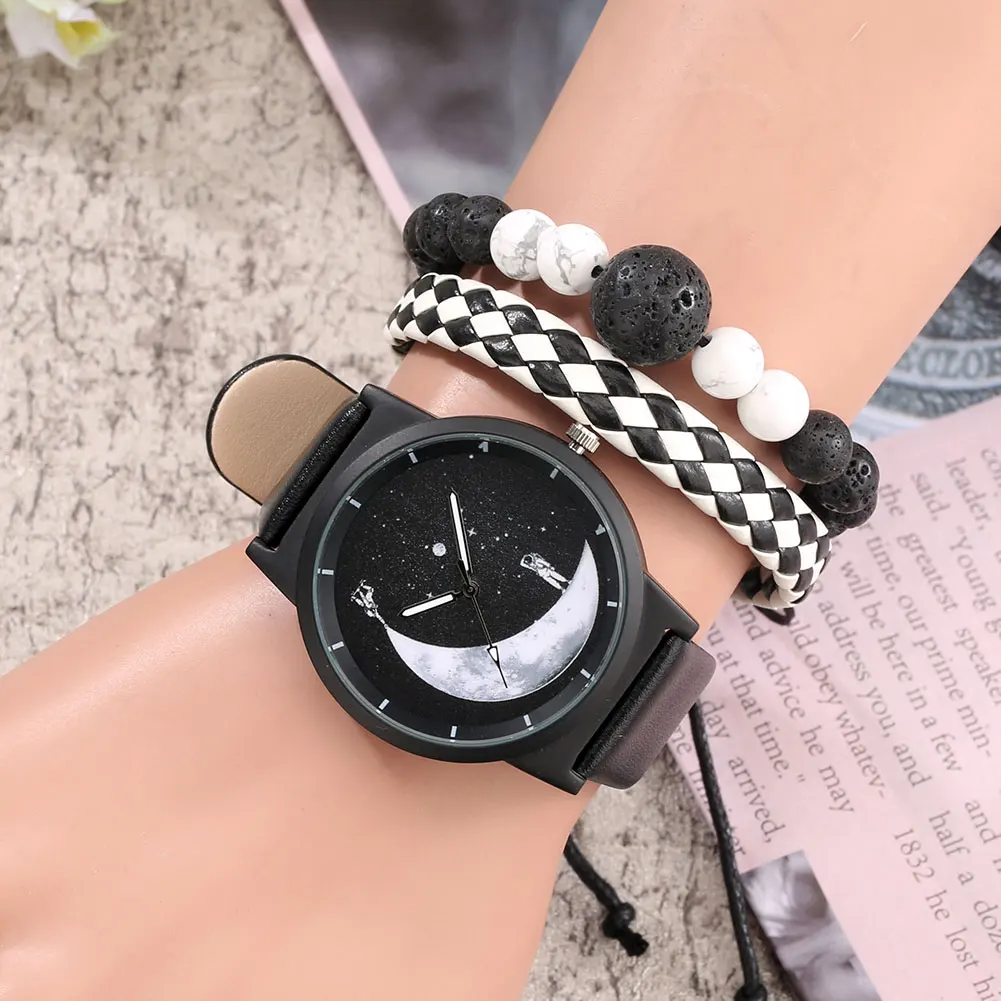 

Black 3pcs Bracelet Watch for Men Simple Men's Wrist Watch Bead Bracelet No Gift Box Fashion Quartz Watch Gifts for Husband Dad