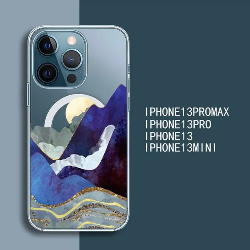 

Simple sun moon mountain scenery Phone Case For iPhone 13 12 Mini Pro Max transparent Super Magnetic MagSafe Cover