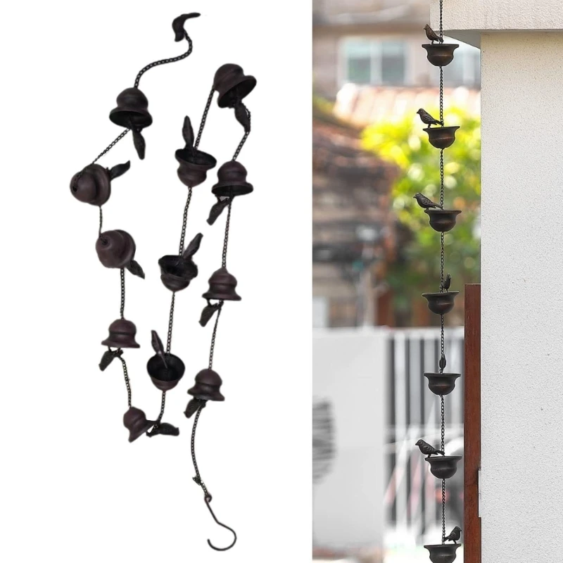 Metal Rain Chain Birds on Cup Rain Catcher for Gutter Home Garden Park Roof Decoration Metal Drainage Downspout Tool with Hanger