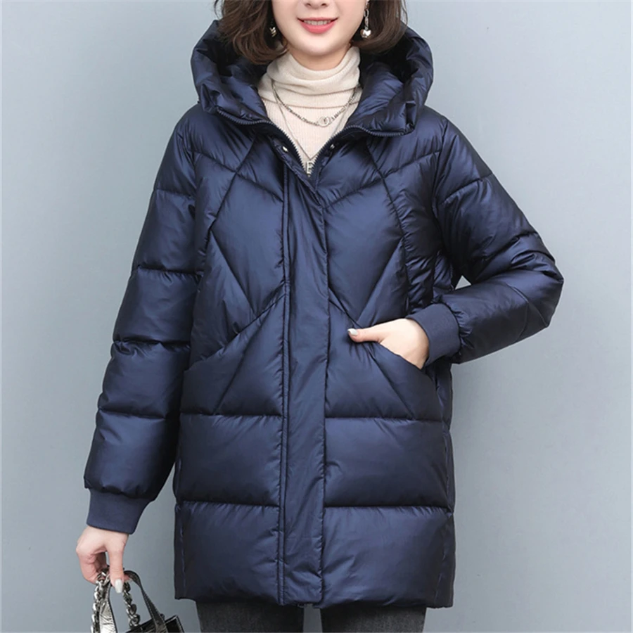 Winter Glossy Hooded Cotton Padded Mid-Length Coats Women Warm Thick Overcoat Oversized 3XL Parkas Snow Wear Windbreaker Jackets