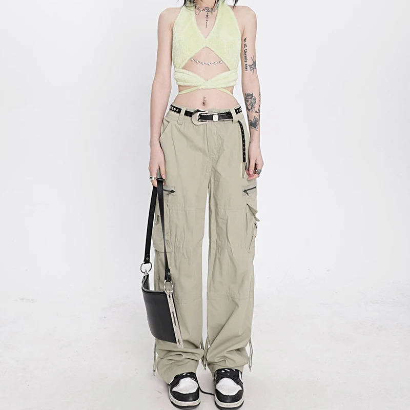 

NSMW MI Female Autumn Multi-pocket Wide-leg Casual Pants Women's Summer American High Waist All-match Mopping Neutral Trousers