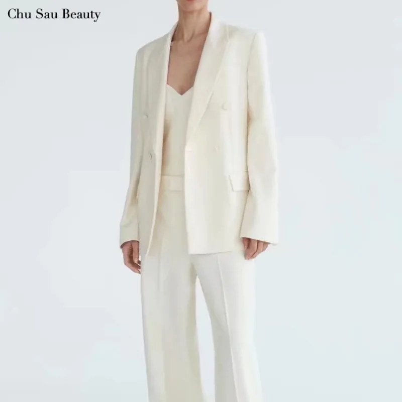 

2022 New Za Women Slim Fit Double Breasted Suit 3 Pieces Fashion Casual Office Jacket High Waist Loose Pants V-Neck Corset
