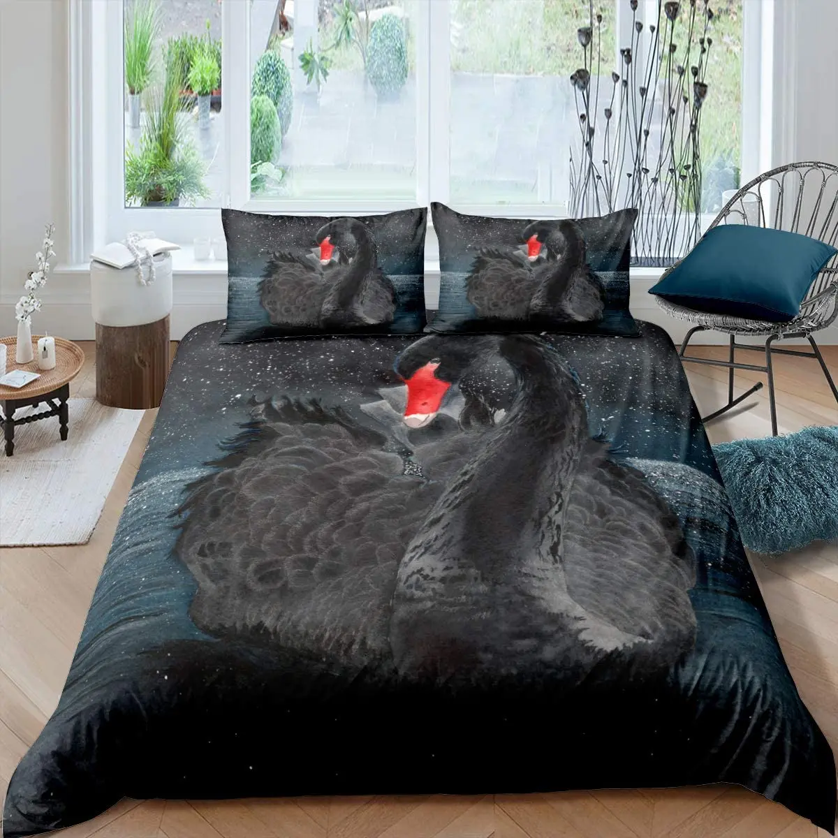 

Comforter Cover Microfiber Romantic Flower Wild Animals Quilt Cover Swan Duvet Cover Black and White Swan Duvet Cover Queen Bird