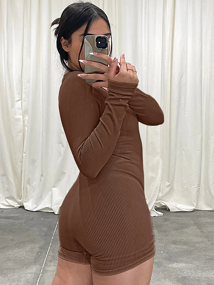 Sexy Deep V Neck Long Sleeve Fitness Overalls Skinny One Piece Bodysuits Y2K Activewear Elastic Ribbed Rompers Womens Jumpsuit