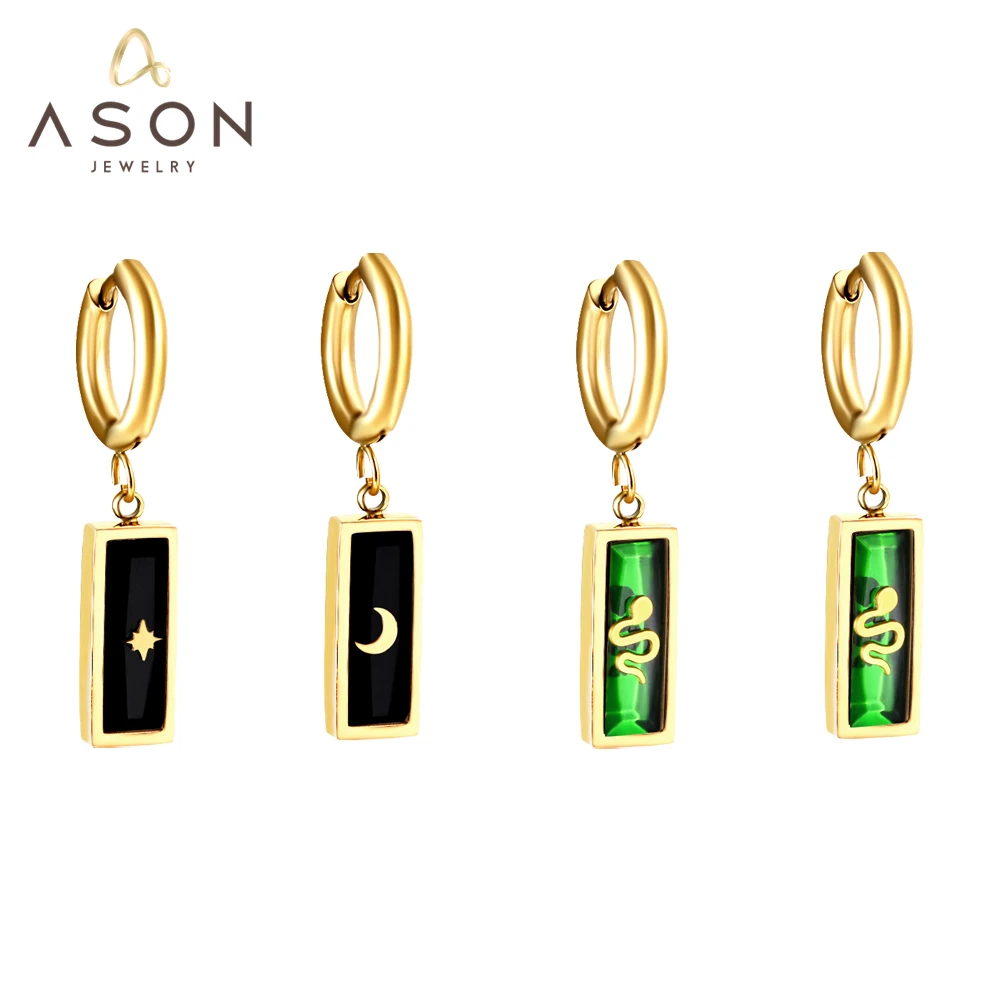 

ASONSTEEL Rectangle Cubic Zirconia Star Moon Snake Pendant Drop Earrings Stainless Steel Gold Color For Women Piercing Jewelry