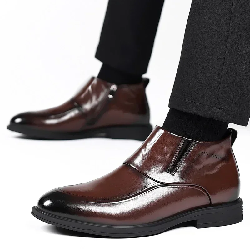 

Мужская обувь 2023 универсальная мужская повседневная обувь для улицы свадьбы кожаные с острым носком боковая молния низкий каблук Прошитые однотонные туфли для мужчин