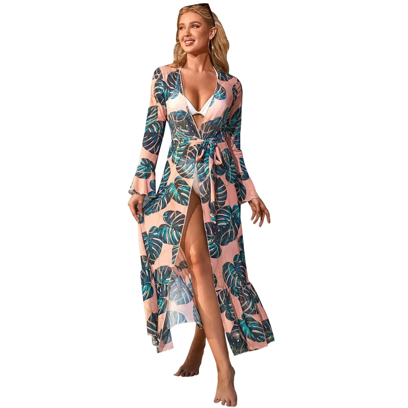 

Cardigan Cover Up Swimwear Women Flare Sleeve Patchwork Ropa Mujer Summer New Print Elegant Beach Holiday Sundress Cover Up 2022