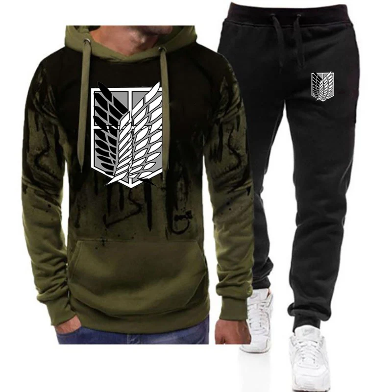 

2023 Spring Autumn Man's New Attack On Titan Logo Print Cotton Gradient Color Hooded Hoodies+Sports Trousers Fashion 2 Piece Set