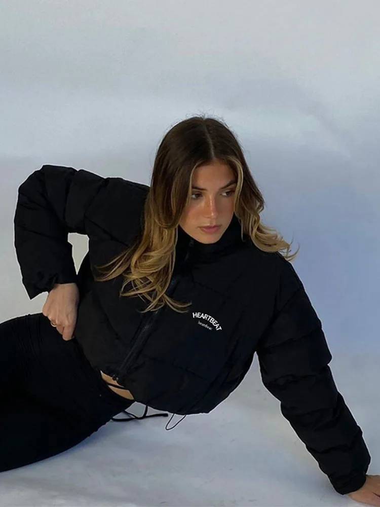 Winter Stand-up Collar Zipper Black Coat For Women Clothes Long Sleeve Short Jacket Warmth Fashion Silm Fit Chaquetas Para Mujer