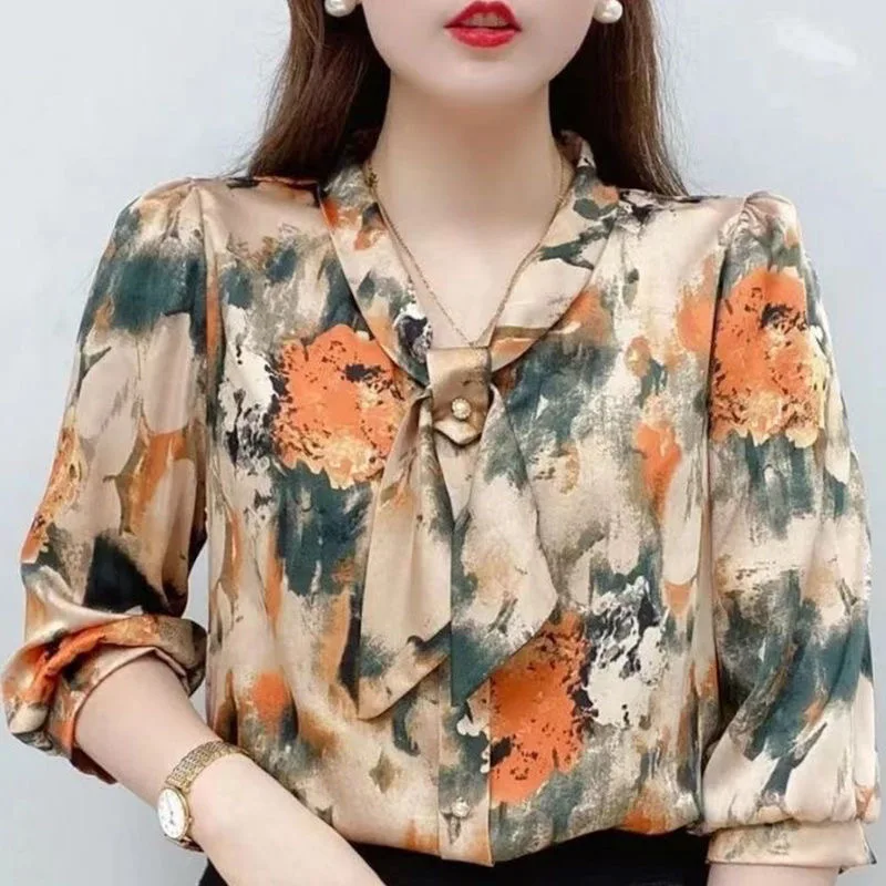 Women Spring Summer Style Chiffon Blouses Shirts Lady Casual Half Sleeve Bow Tie Collar Printed Blouses Tops