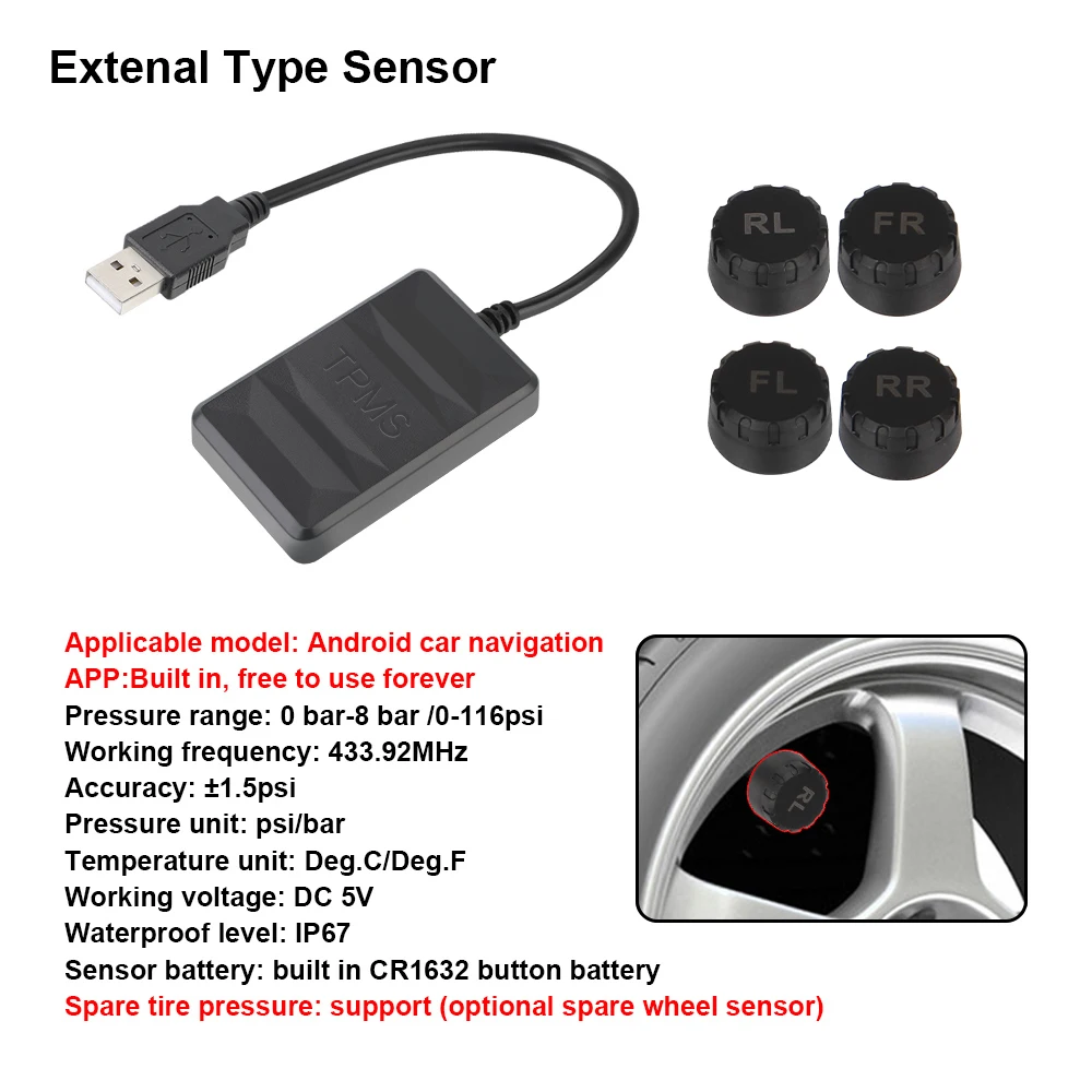 Система контроля давления в шинах TPMS с USB запасной внутренний и внешний датчик