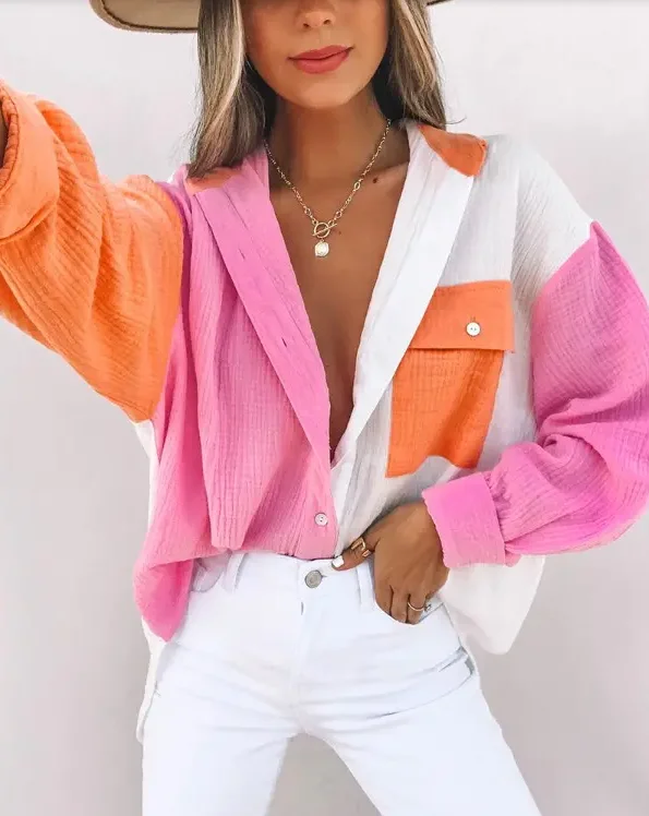 

Women's Casual Top 2022 Spring and Autumn New Lantern Sleeve Colroblock Buttoned Pocket Decoration Casual Temperament Top