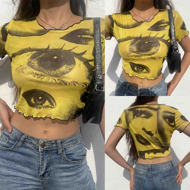 

Printed Crop Top Y2K Fashion T Shirt Mesh Transparent T Shirt Women Vintage Frill Pullovers Harajuku Tee Streetwear