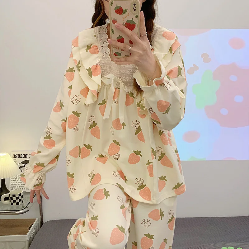 1 2023 women's pajamas women's lovely printing long cotton pajamas long sleeve shirt and sweet spring pajamas