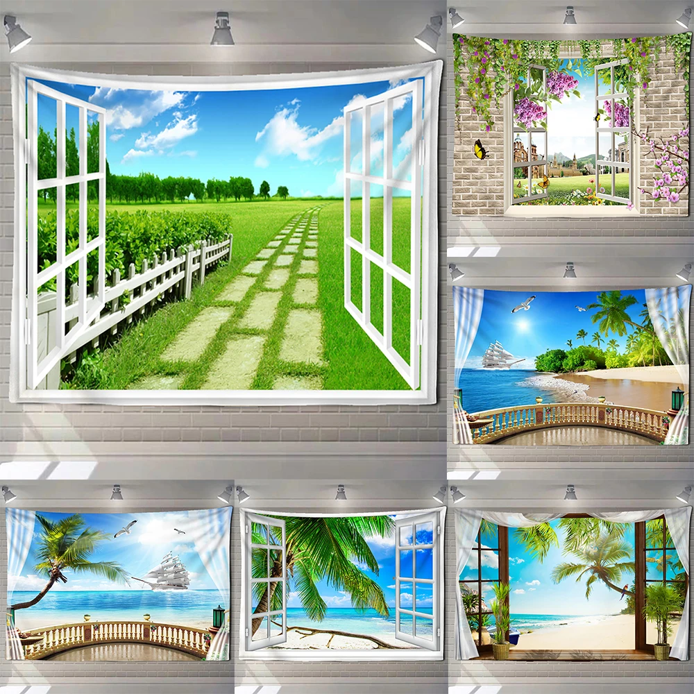 

Imitation Window Landscape Tapestry Wall Hanging Tropical Tree Hanging Cloth Art Dorm Home Decor Sea Sunrise Background Fabric