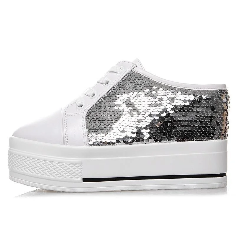 

Women's Shoes With High Height Inside And Thick Bottom Muffin Sandals And Sequin Baotou Half Slippers Outside