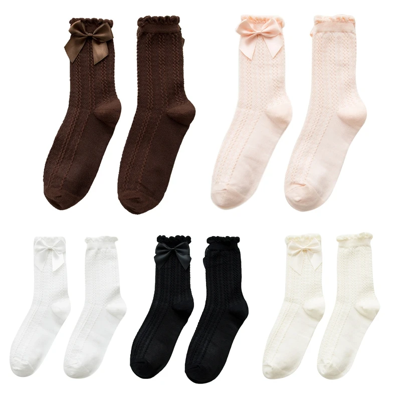 

Women Bowknot Socks Sweet Ruffled Trim Twist Knitted Lace Hosiery