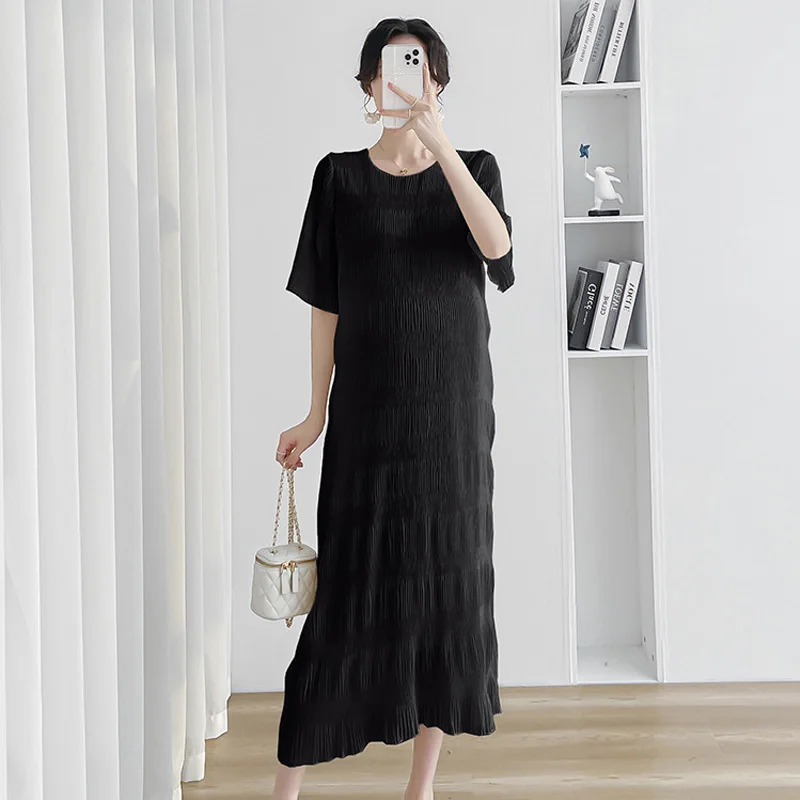 

CARECODE Summer Elegant Chiffon Maternity Dress Fashion Solid Color O-neck Plus Size Pleated Long Dress Pregnant Women Clothes