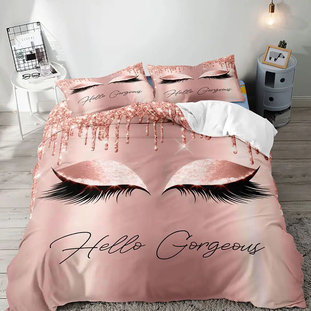 

Hello Gorgeous Duvet Cover Luxury Rose Gold Glitter Bling Eyelash Makeup Glam Girly Fashion Bedding Pink Bedroom Decor for Women