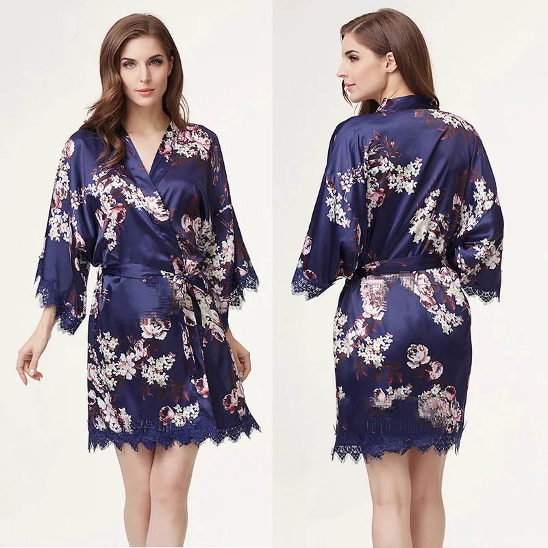 Kimono Nightgown Print Flower Women Nightwear Home Dress Robe Casual Casual Satin Gown Sleepwear Homewear Bathrobe