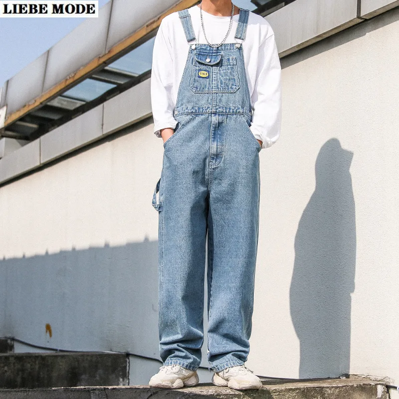 Men's Denim Bib Overalls Fashion Pocket Jumpsuit Men Loose Jeans Suspender Pants Hip Hop Straight Leg Trousers Black Grey Blue